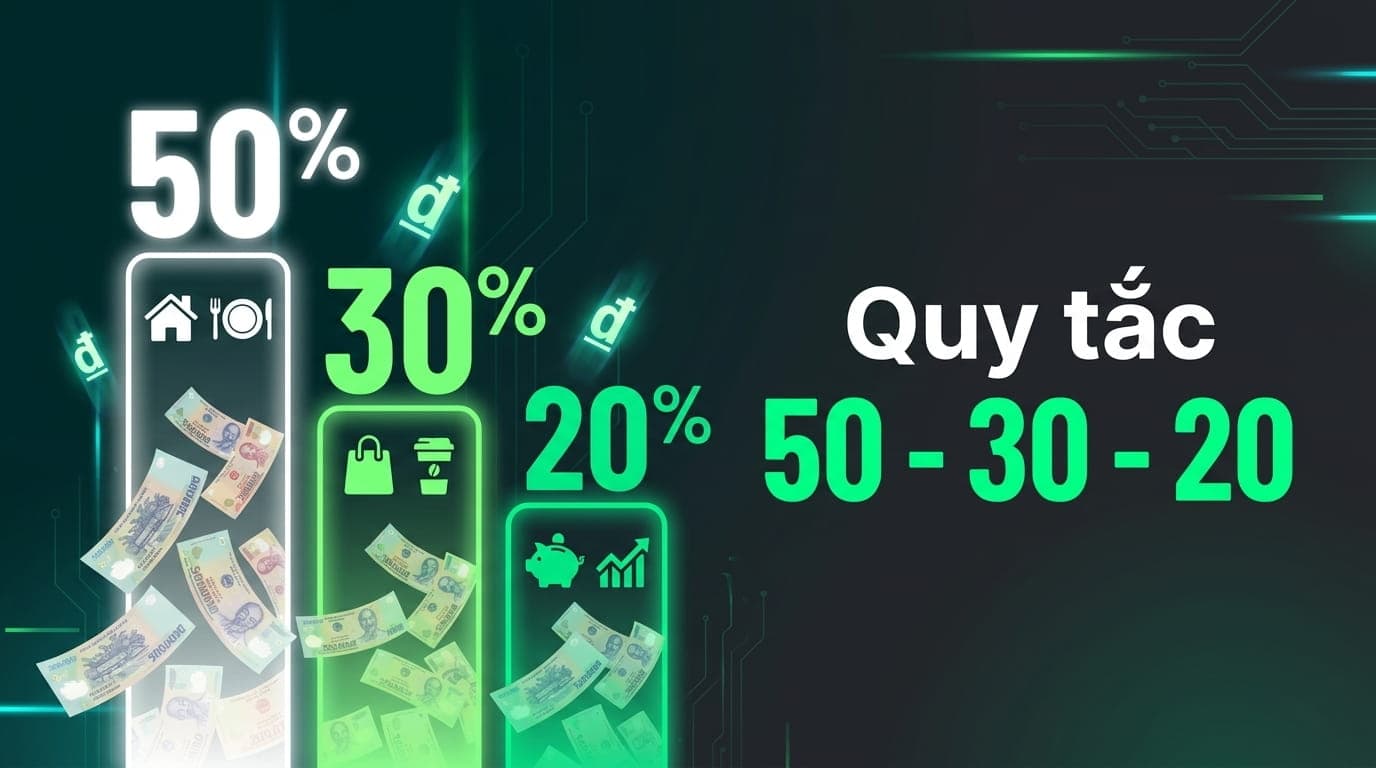 Infographic quy tắc 50-30-20 — ba cột nhu cầu, mong muốn và tiết kiệm (minh hoạ editorial)