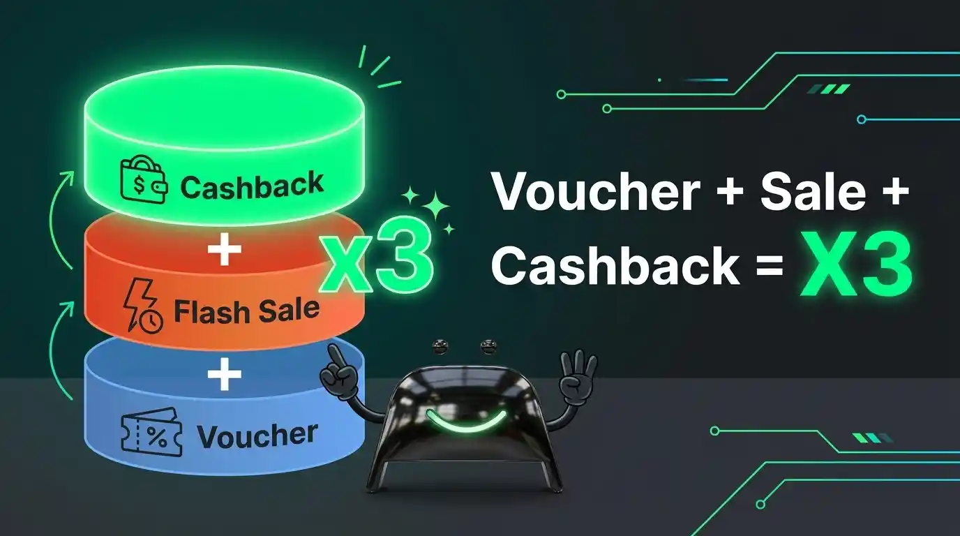 Công thức stack voucher + flash sale + CashToBack giảm 50% mỗi đơn Shopee 2026