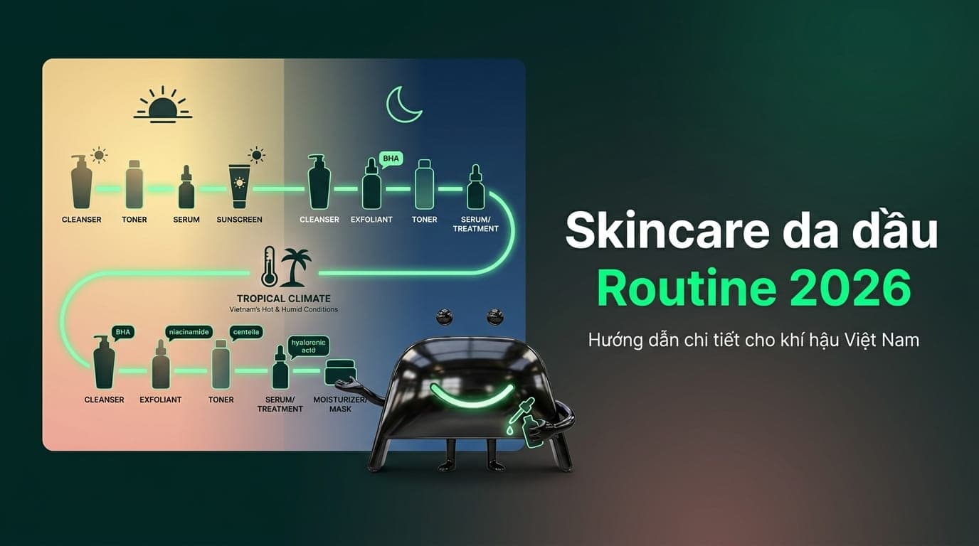 Skincare cho da dầu nhiệt đới Việt Nam — routine 2026 với hoạt chất BHA, niacinamide, centella