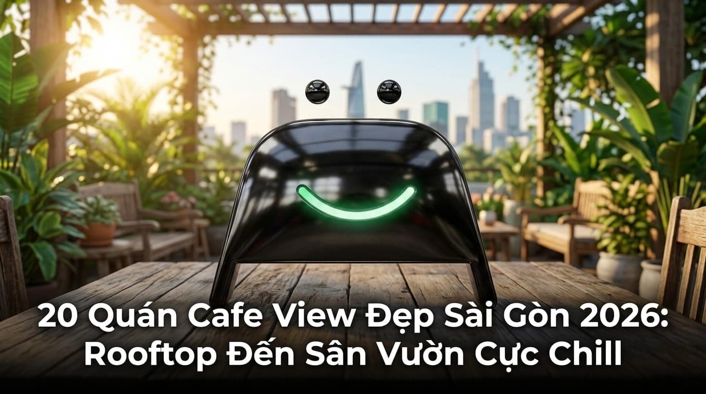 Không gian quán cafe sân vườn xanh mát tại Sài Gòn với ánh nắng dịu nhẹ, nơi mọi người đang thư giãn và thưởng thức đồ uống.