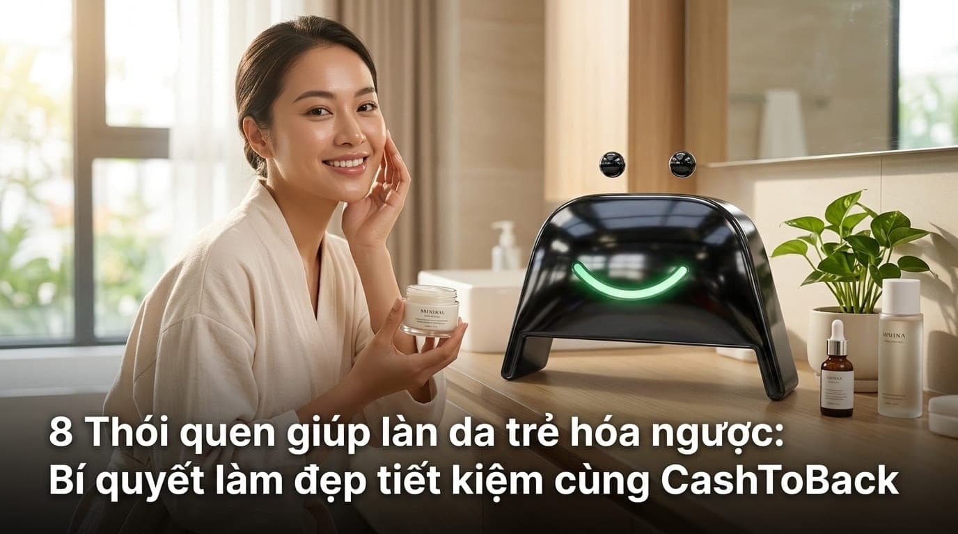 Người phụ nữ tươi tắn chăm sóc da tại nhà, phong cách sống lành mạnh, ảnh chụp tại căn hộ hiện đại Việt Nam