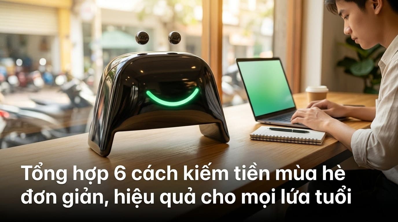 Bạn trẻ năng động đang làm việc tại quán cafe hoặc tại nhà để kiếm thêm thu nhập mùa hè, không khí tươi sáng.