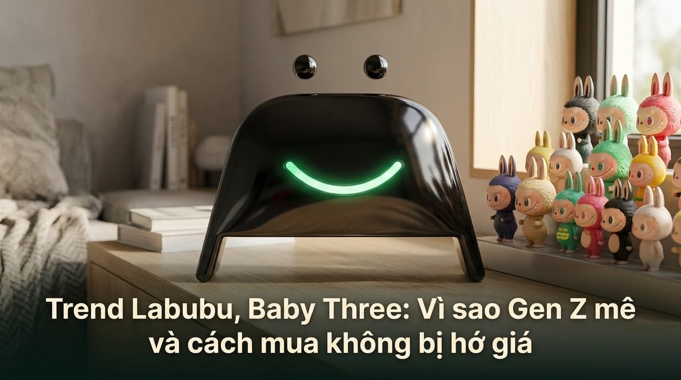 Bộ sưu tập Art Toy Labubu và Baby Three được sắp xếp gọn gàng trên kệ gỗ, phong cách hiện đại, tiết kiệm mua sắm.