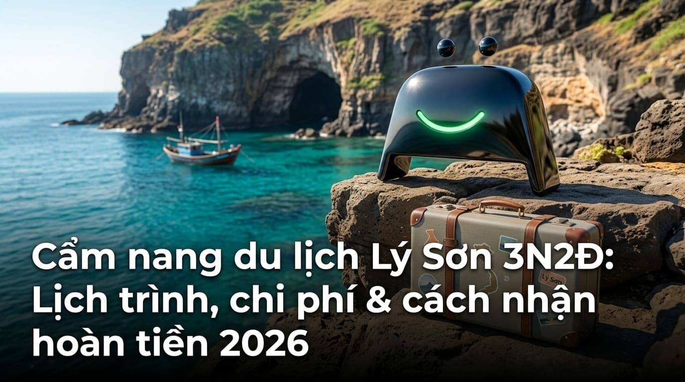 Khung cảnh biển đảo Lý Sơn hùng vĩ với làn nước trong xanh, thích hợp cho chuyến du lịch tiết kiệm và nhận hoàn tiền từ CashToBack.