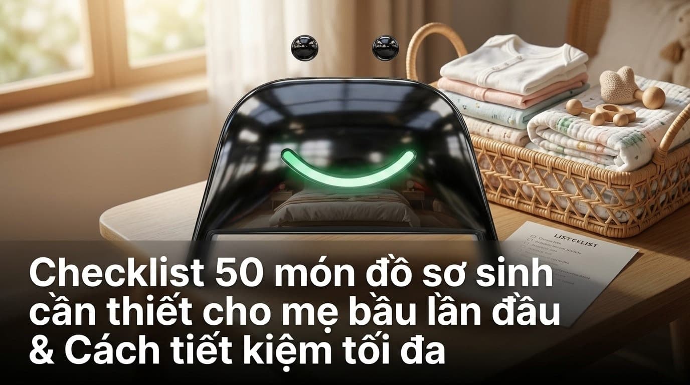 Mẹ bầu đang kiểm tra danh sách đồ sơ sinh thiết yếu trên giấy, bên cạnh là giỏ đồ cho bé yêu tại nhà