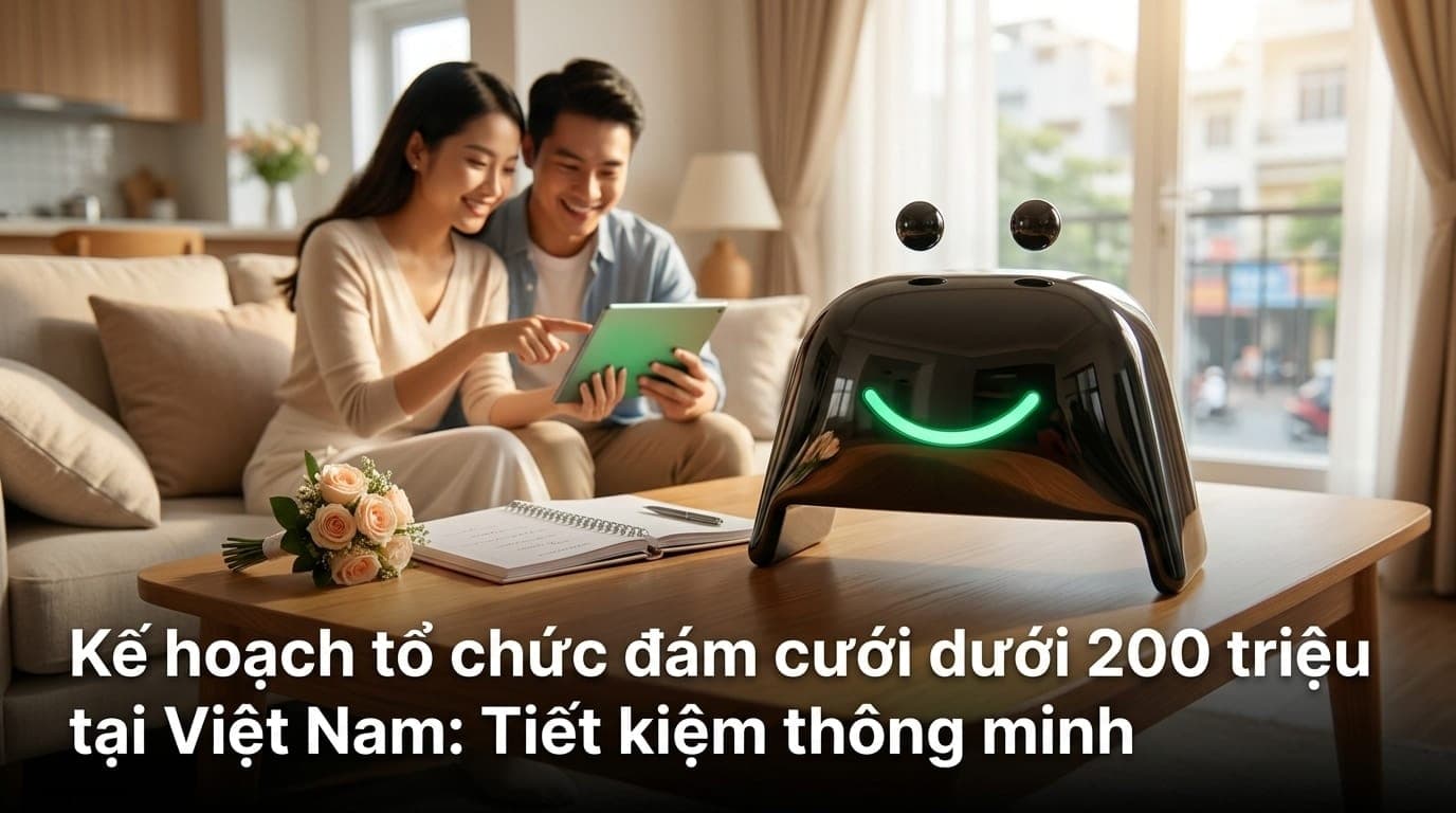 Cặp đôi hạnh phúc đang lên kế hoạch ngân sách đám cưới với app CashToBack trên điện thoại, bối cảnh phòng khách ấm cúng tại Việt Nam