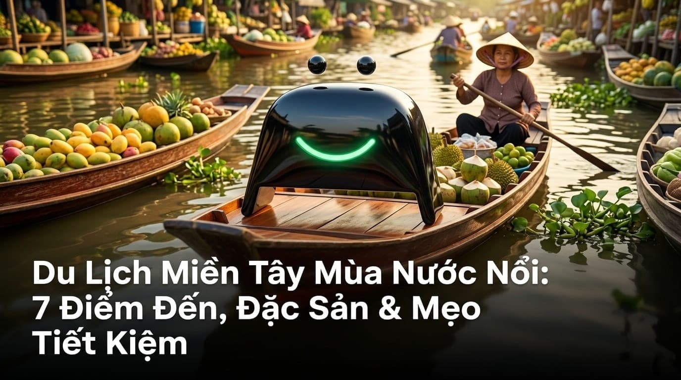 Khung cảnh chợ nổi miền Tây mùa nước nổi với những chiếc ghe đầy ắp trái cây, ánh nắng vàng rực rỡ trên sông nước hữu tình.
