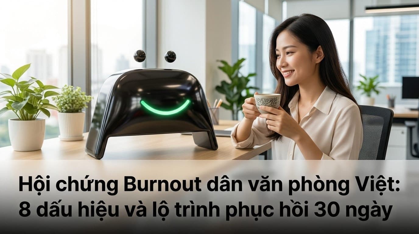 Dân văn phòng tại Việt Nam đang làm việc bên máy tính, thể hiện sự mệt mỏi nhưng được khích lệ bởi mascot Nano Banana của CashToBack.