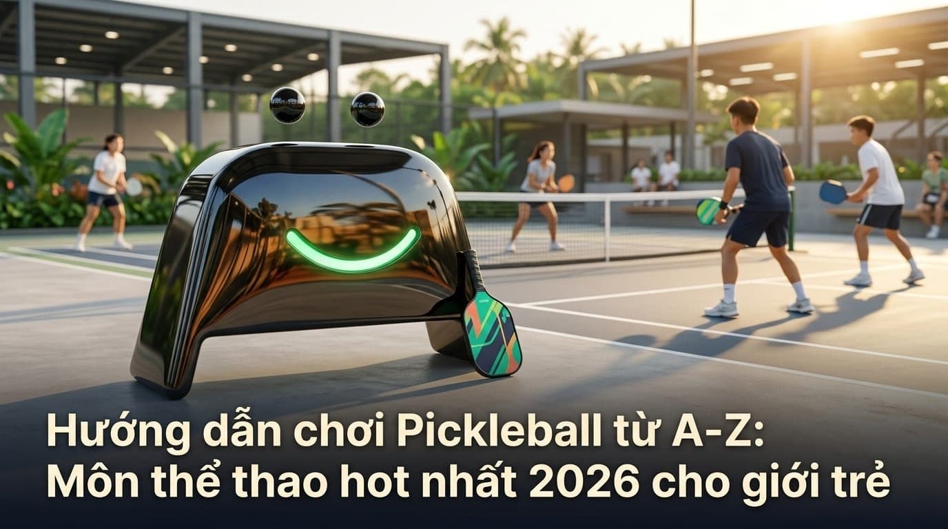 Người trẻ Việt Nam hào hứng chơi Pickleball tại sân tập hiện đại, hình ảnh tươi sáng, năng động cho người mới bắt đầu