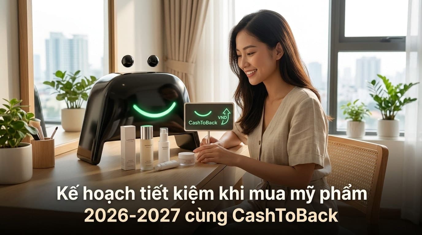 Người phụ nữ Việt Nam đang chọn mỹ phẩm, bên cạnh là mascot Nano Banana vui vẻ, không gian mua sắm hiện đại tại TP.HCM.