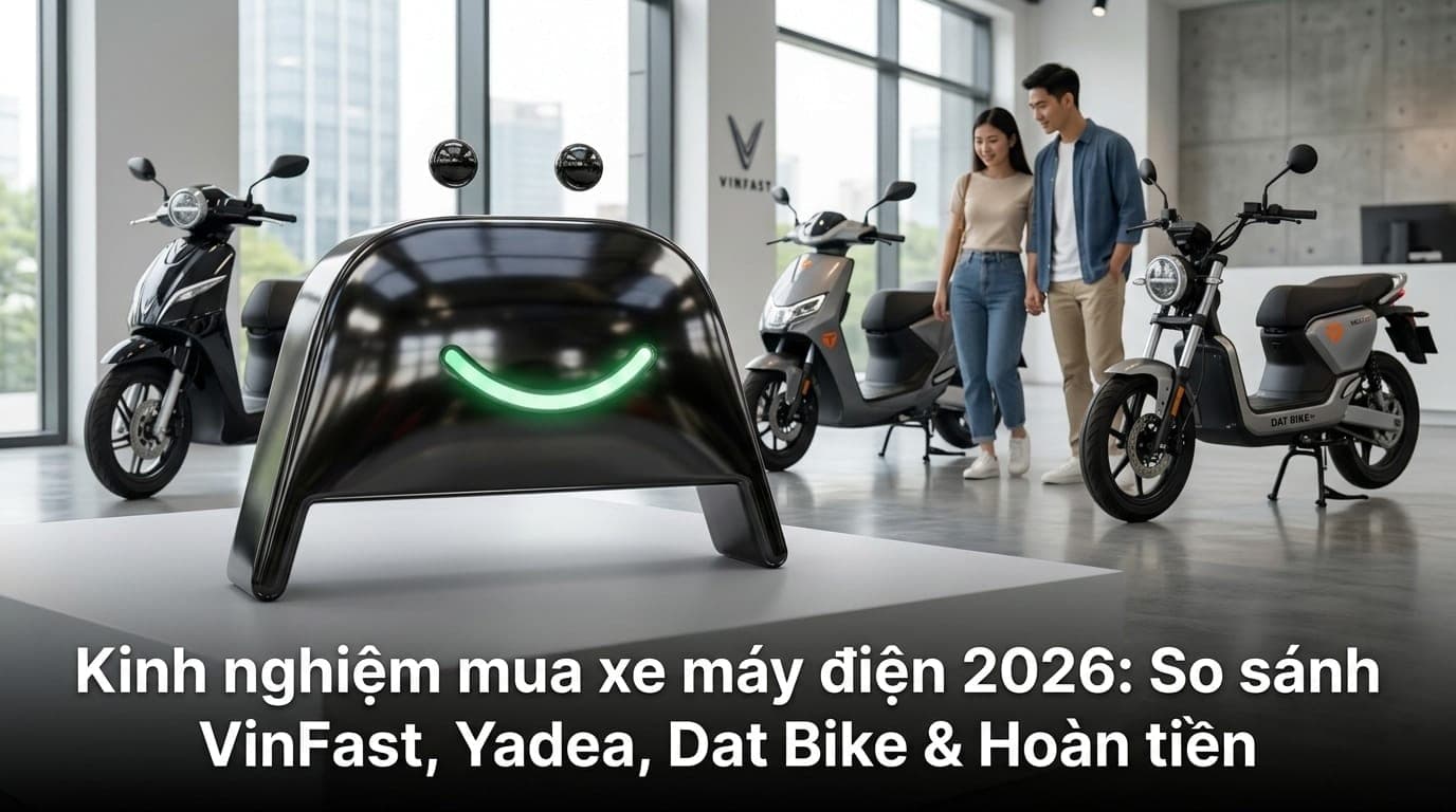 Người trẻ Việt Nam đang xem các mẫu xe máy điện VinFast, Yadea, Dat Bike tại showroom, phong cách hiện đại, tiết kiệm chi phí.