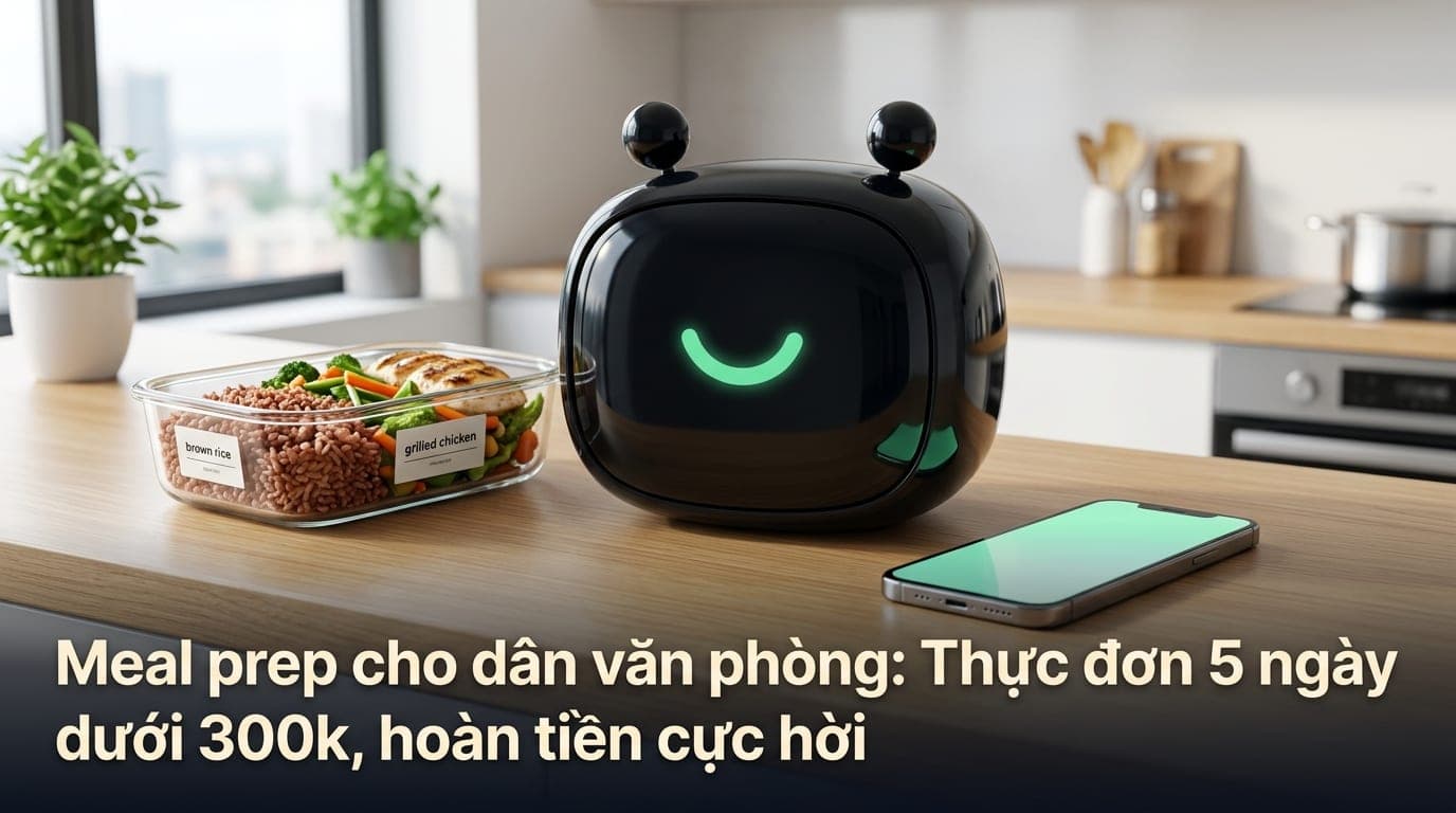 Hộp cơm meal prep đầy đủ dinh dưỡng cho dân văn phòng đặt cạnh điện thoại mở app CashToBack, bối cảnh bếp hiện đại tại Việt Nam.