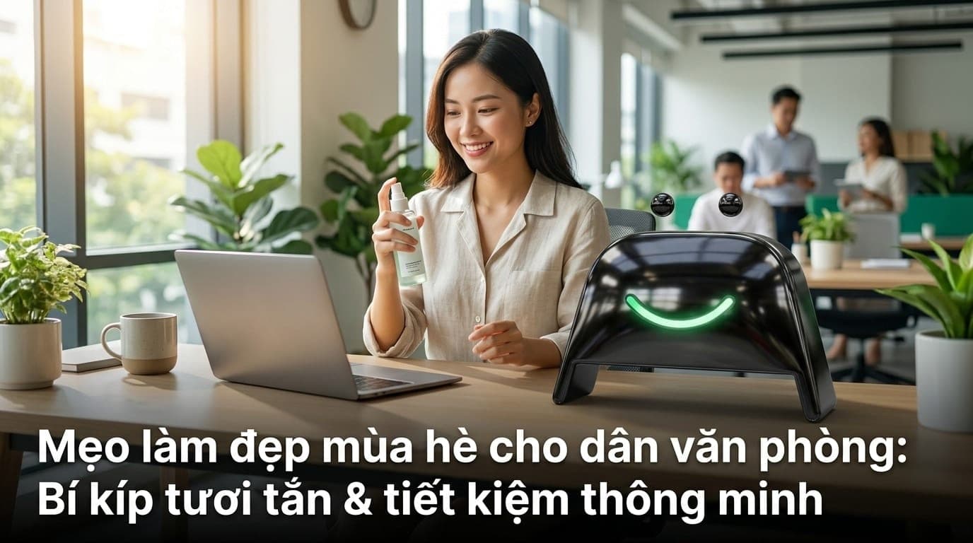 Cô gái văn phòng tươi tắn sử dụng xịt khoáng trong ngày hè nóng nực, phong cách hiện đại Việt Nam