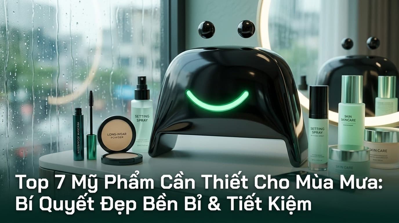 Cô gái Việt Nam tự tin trong mưa với túi đồ mỹ phẩm chống nước, phong cách tươi sáng, hiện đại.