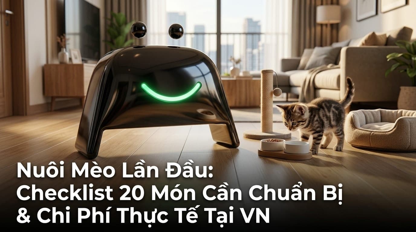 Người trẻ hạnh phúc bên chú mèo mới tại căn hộ chung cư ở Việt Nam, bên cạnh là các món đồ dùng thiết yếu cho mèo cưng.