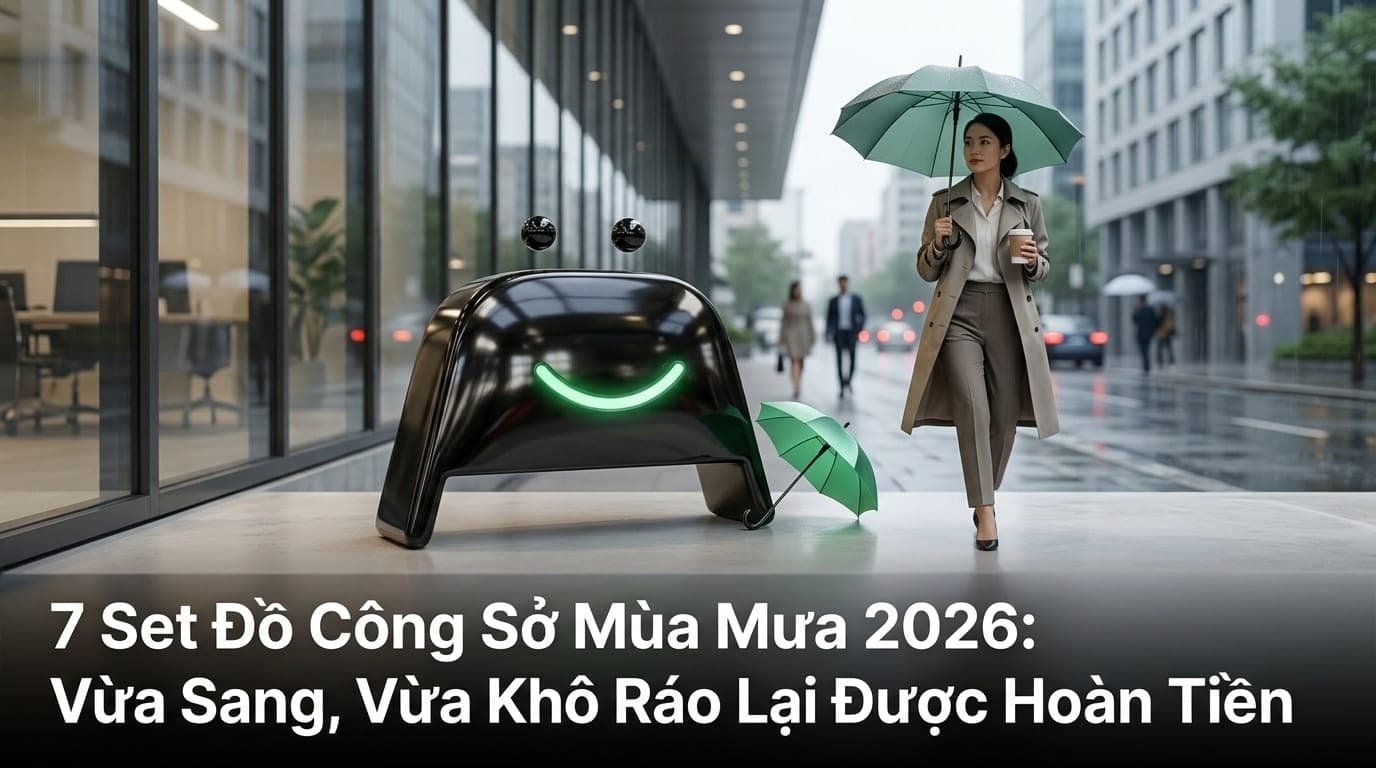Cô gái công sở hiện đại với trang phục chống nước thời trang, bối cảnh phố phường Việt Nam ngày mưa, phong cách chuyên nghiệp và thanh lịch.
