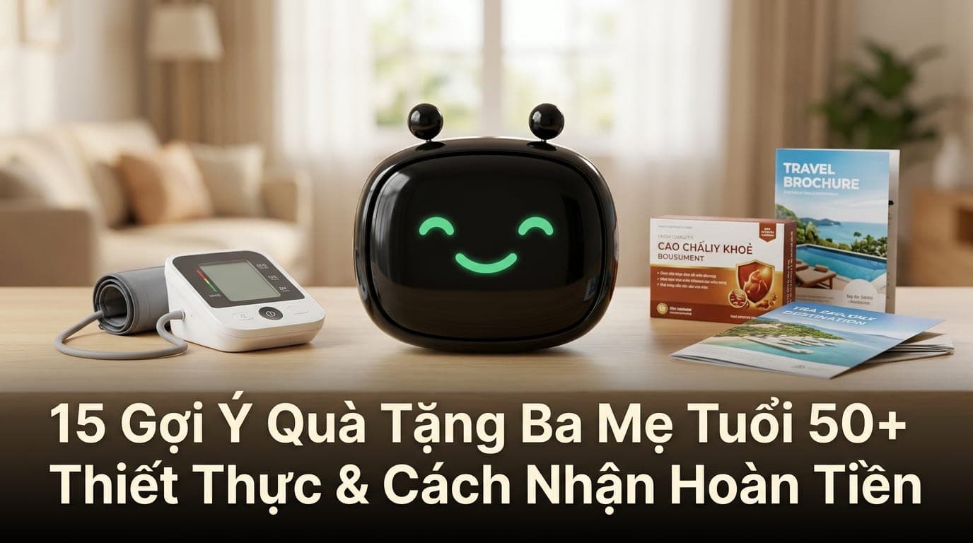Món quà ý nghĩa cho ba mẹ tuổi 50 như máy đo huyết áp, thực phẩm chức năng và vé du lịch được mua thông qua ứng dụng hoàn tiền CashToBack.