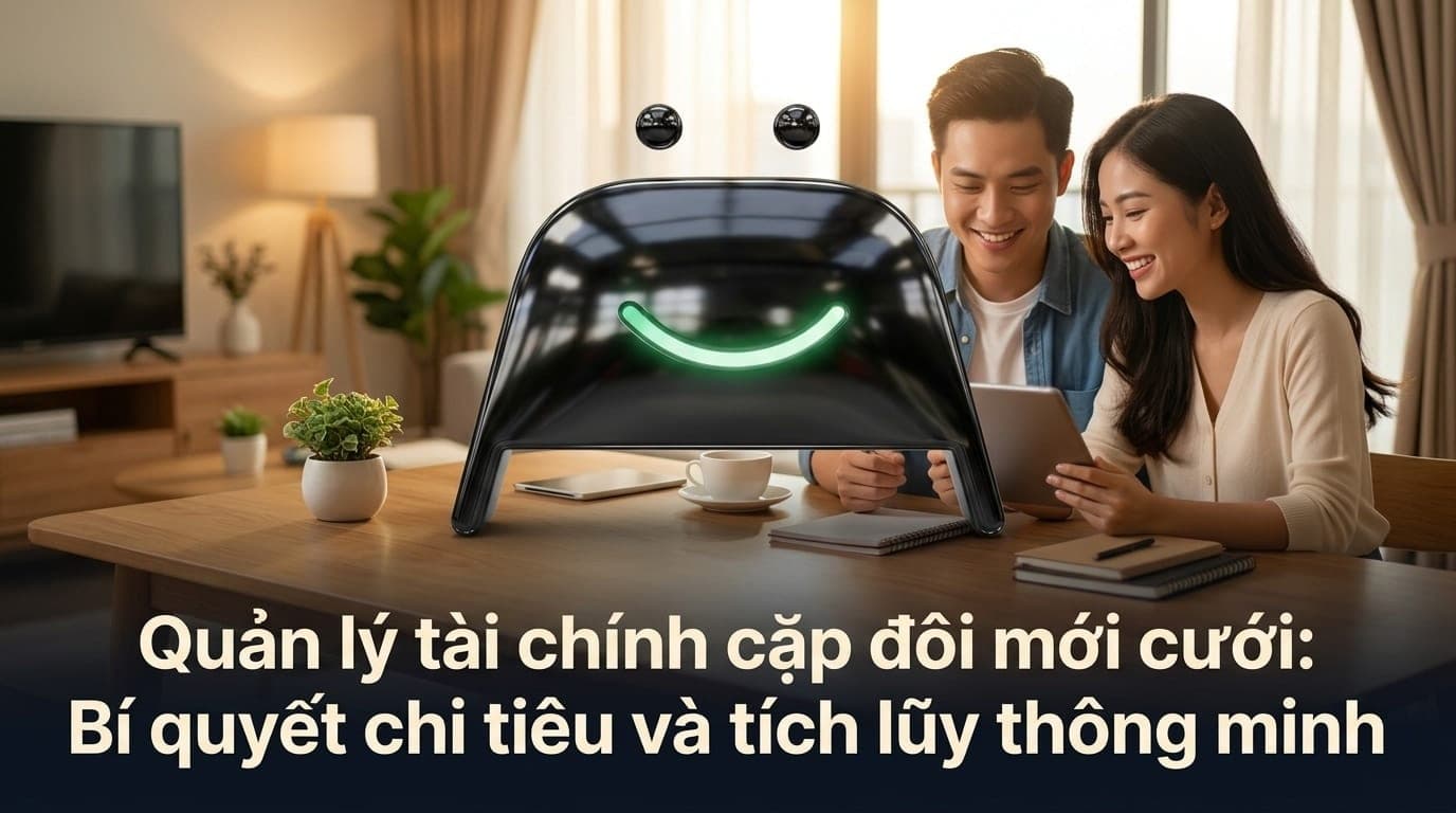Cặp đôi trẻ đang cùng nhau lên kế hoạch tài chính gia đình bên cạnh máy tính bảng và sổ ghi chép, phong cách hiện đại tại TP.HCM.