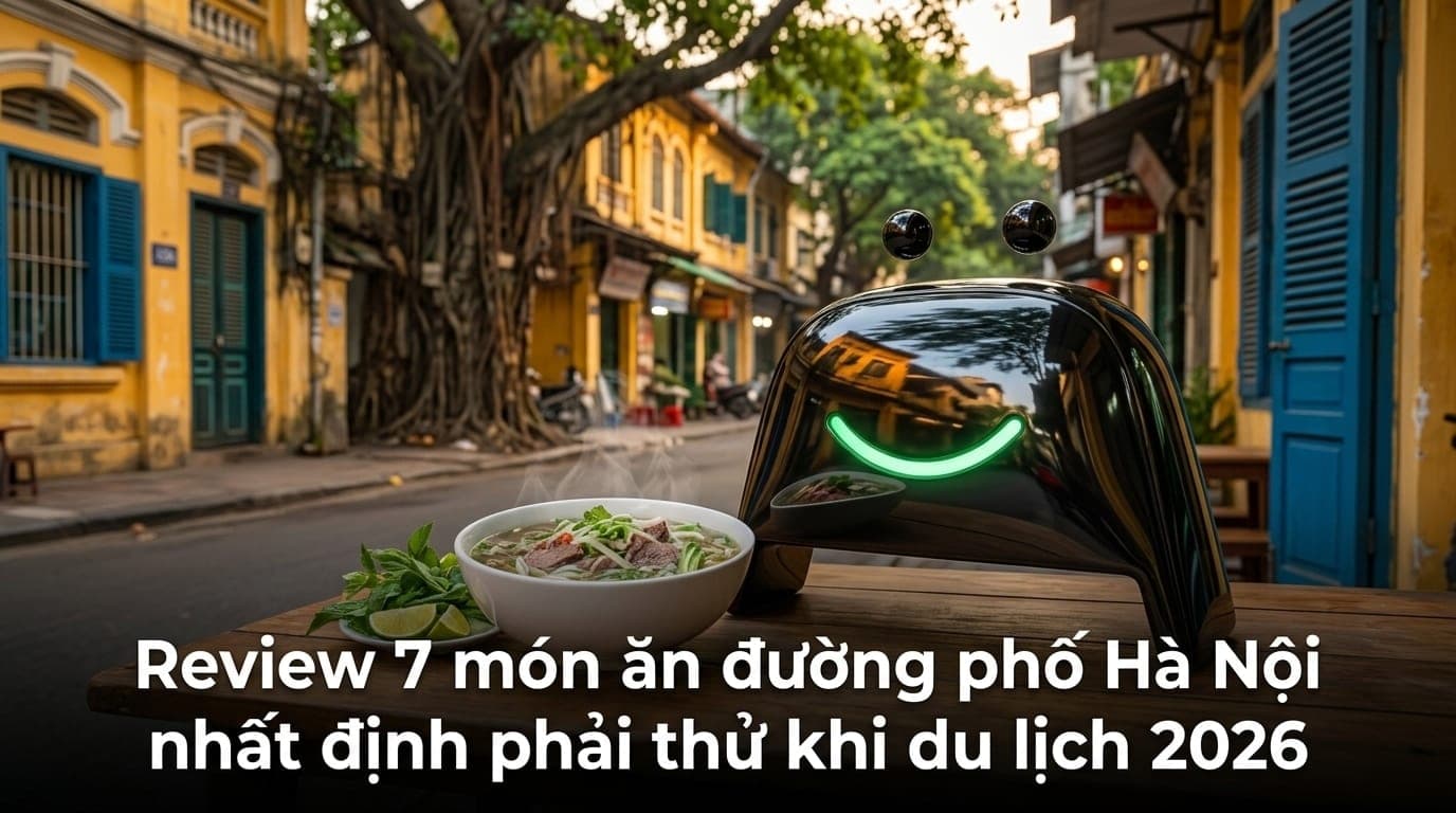 Bát phở bò nóng hổi bên vỉa hè Hà Nội cổ kính, ánh sáng vàng ấm áp, mascot Nano Banana đang thưởng thức món ngon.