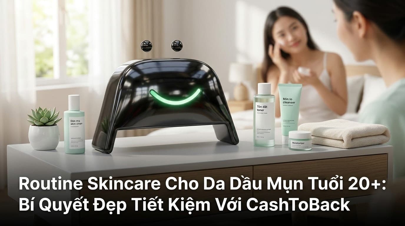 Cô gái trẻ đang chăm sóc da mặt tại nhà với các sản phẩm mỹ phẩm giá rẻ, không gian tươi sáng, phong cách hiện đại Việt Nam.