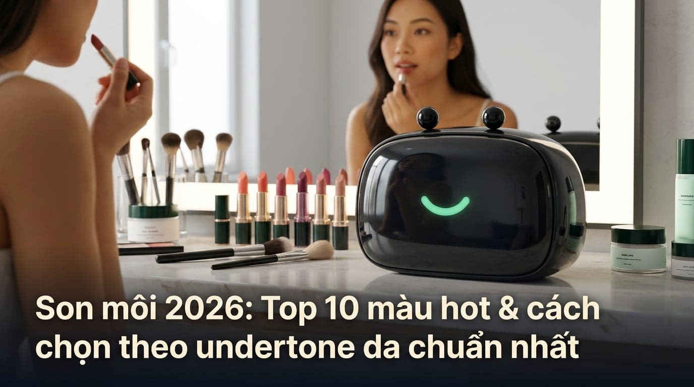 Cô gái Việt Nam thử màu son môi mới nhất năm 2026 với bảng màu thời thượng, không gian trang điểm sang trọng và tươi sáng.