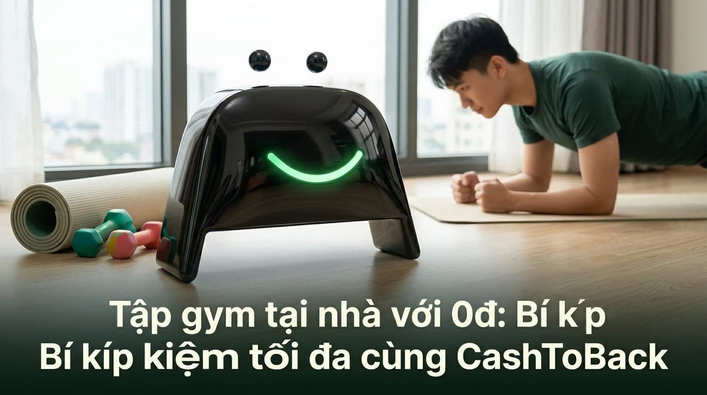 Bạn trẻ tập gym tại nhà với dụng cụ Shopee, mascot Nano Banana cổ vũ bên cạnh, không gian phòng khách Việt Nam hiện đại, ánh sáng tự nhiên.