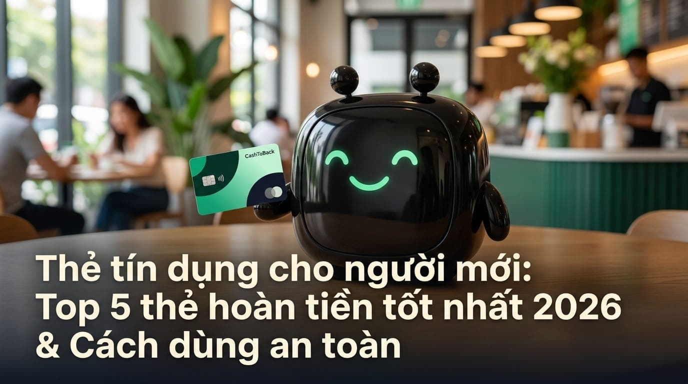 Mascot Nano Banana cầm thẻ tín dụng trên tay tại quán cafe hiện đại ở TP.HCM, minh họa mua sắm thông minh và hoàn tiền