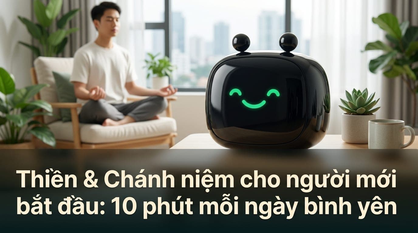 Người trẻ ngồi thiền tại căn hộ chung cư ở TP.HCM trong không gian tối giản với ánh sáng tự nhiên dịu nhẹ và cây xanh.