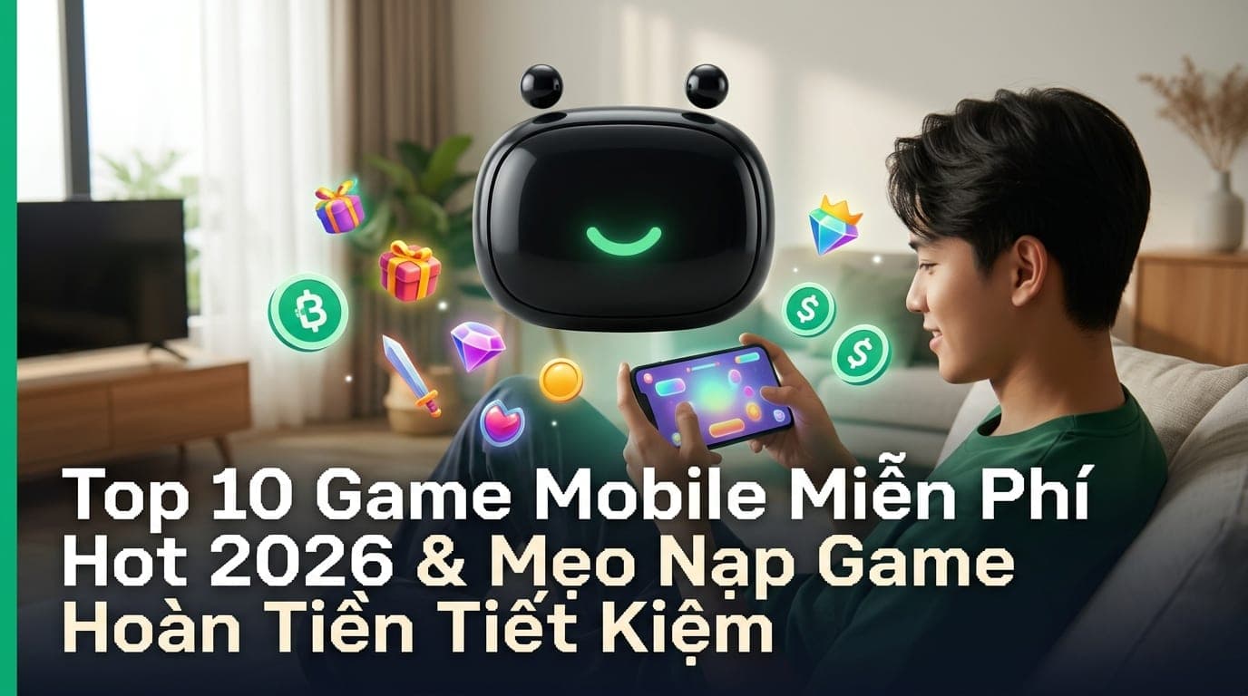 Người trẻ thư giãn chơi game mobile trên điện thoại, xung quanh là các vật phẩm ảo và biểu tượng hoàn tiền CashToBack đầy màu sắc tại Việt Nam