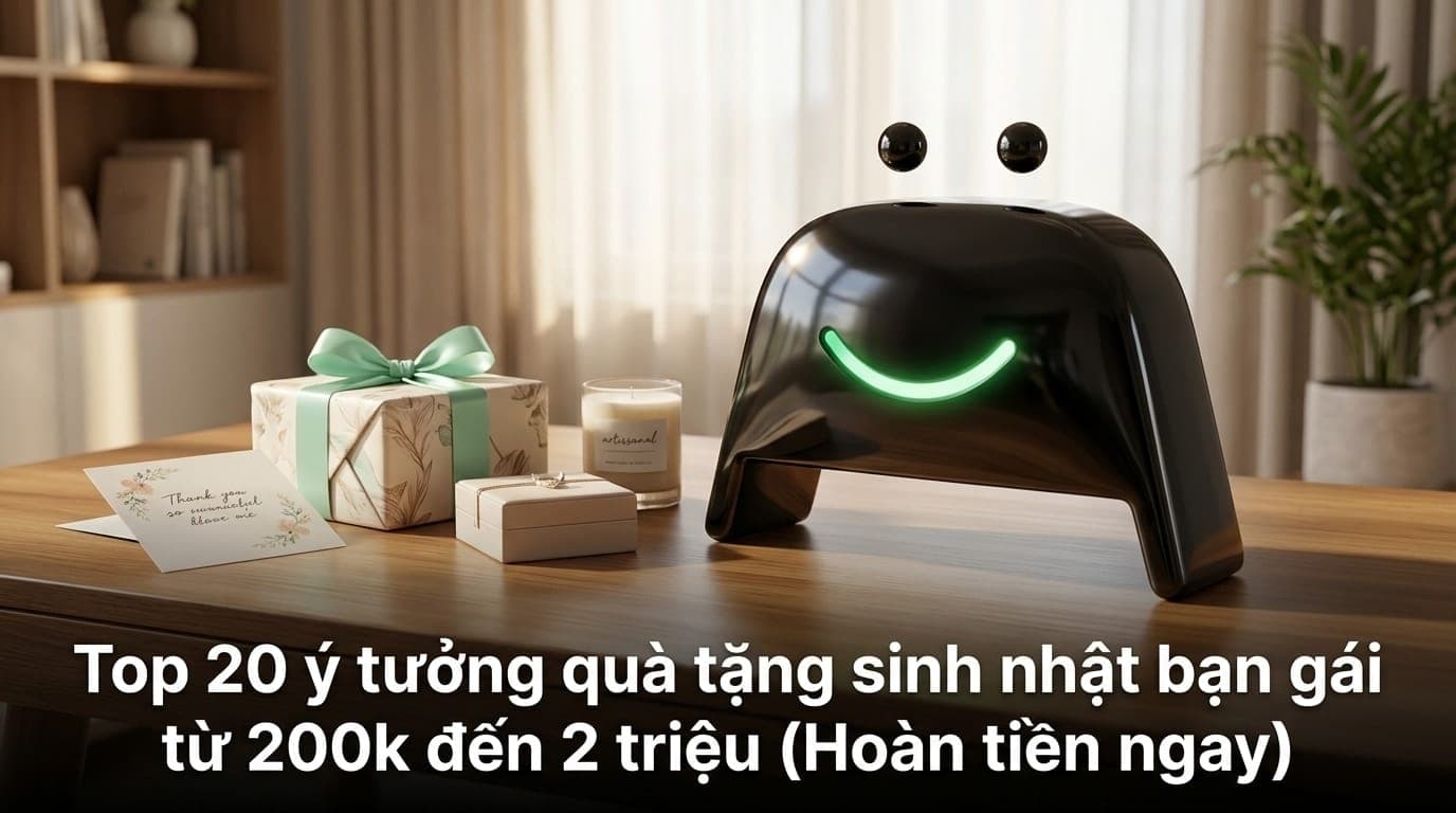 Cô gái hạnh phúc nhận quà sinh nhật trong không gian ấm cúng, phong cách tối giản hiện đại tại Việt Nam.