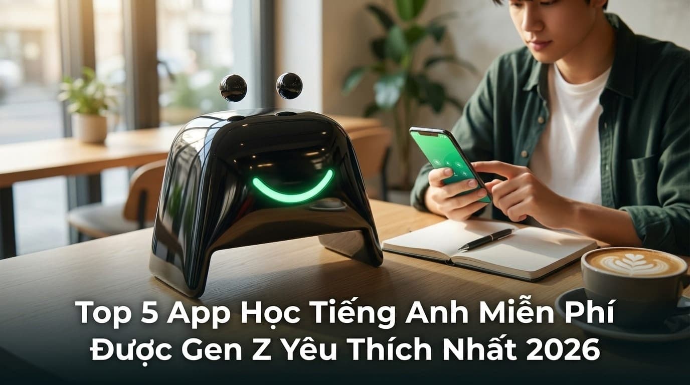 Bạn trẻ Gen Z sử dụng điện thoại học tiếng Anh tại quán cà phê, không gian hiện đại, ánh sáng ấm áp