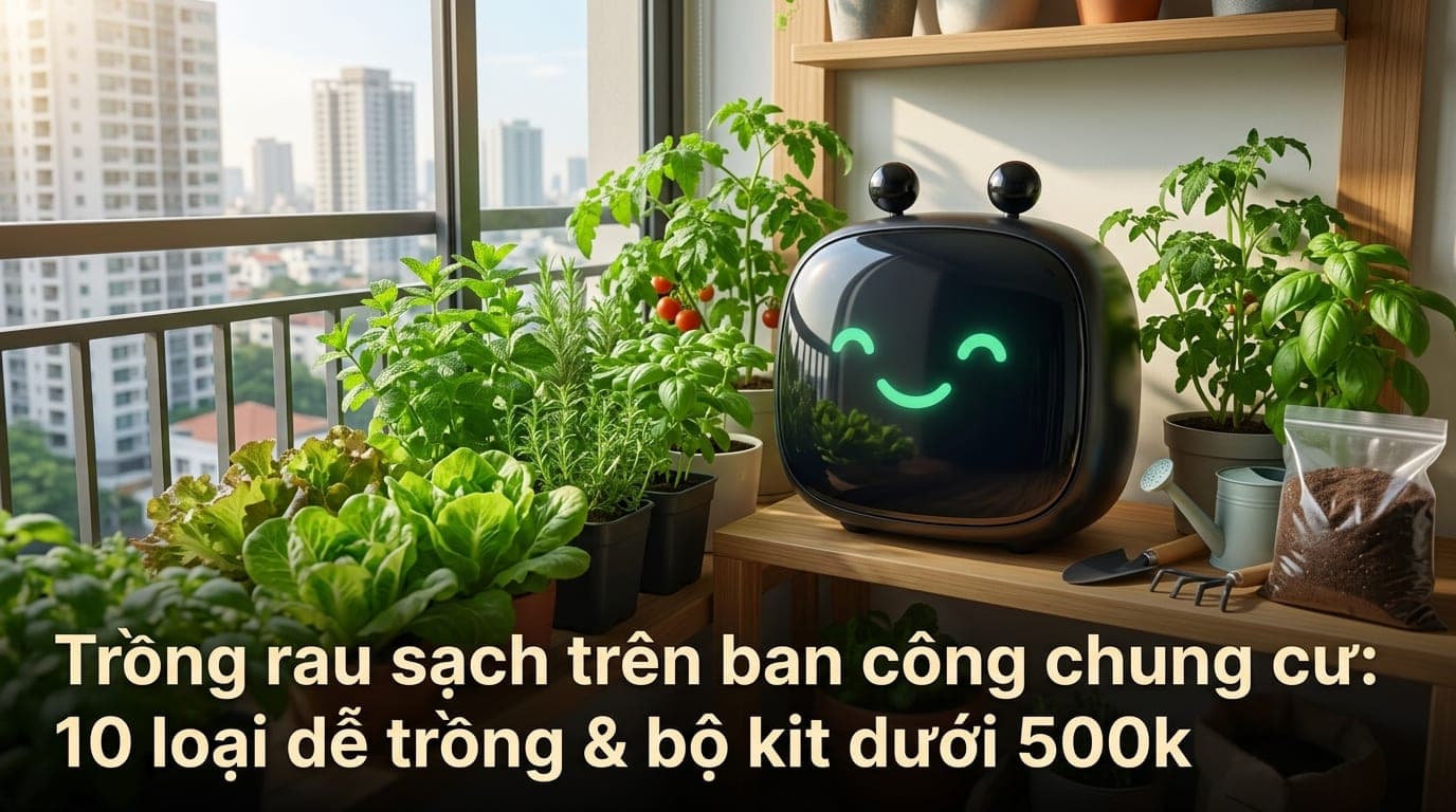 Chậu rau xanh mướt trên ban công chung cư, cạnh cửa sổ có nắng, phong cách sống xanh tại TP.HCM.