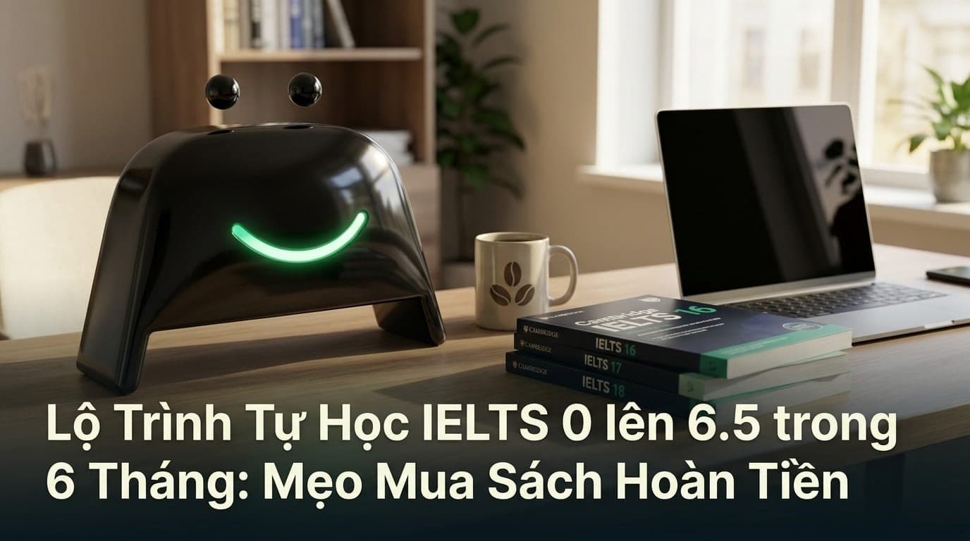 Sinh viên đang tự học IELTS tại nhà với tài liệu mua từ Shopee và nhận hoàn tiền qua app CashToBack