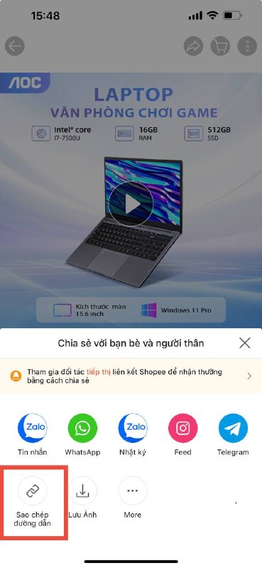 Copy đường dẫn sản phẩm từ thanh địa chỉ Shopee