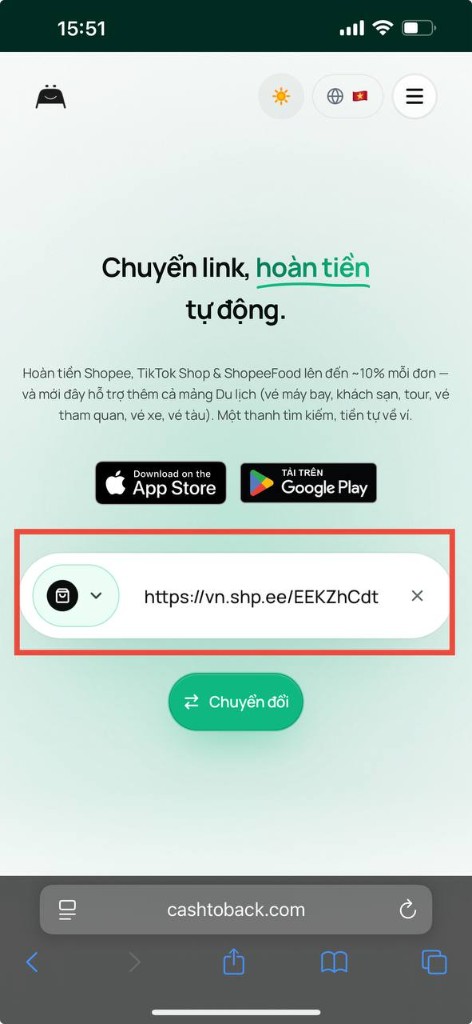 Dán link Shopee vào thanh tìm kiếm CashToBack