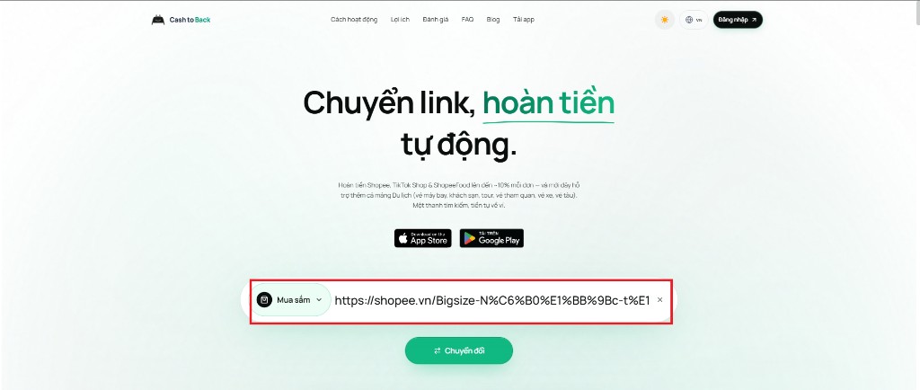 Dán link Shopee vào thanh tìm kiếm CashToBack