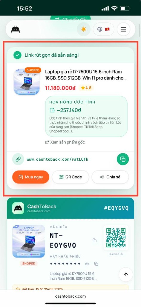 Kết quả link rút gọn và thông tin hoa hồng dự kiến trên CashToBack