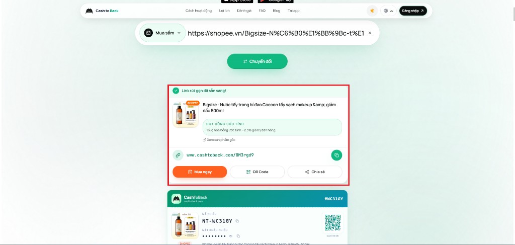 Kết quả link rút gọn và thông tin hoa hồng dự kiến trên CashToBack